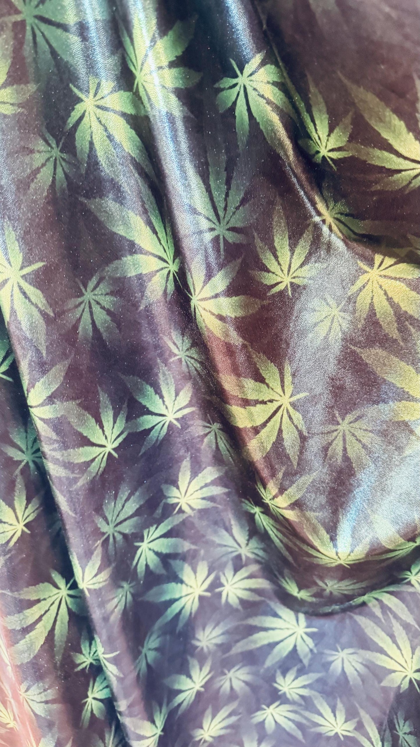 New Marijuana leaf design metallic nylon spandex with foggy foil 4-way stretch 58/60” High quality fabrics by AlexLAFabrics
