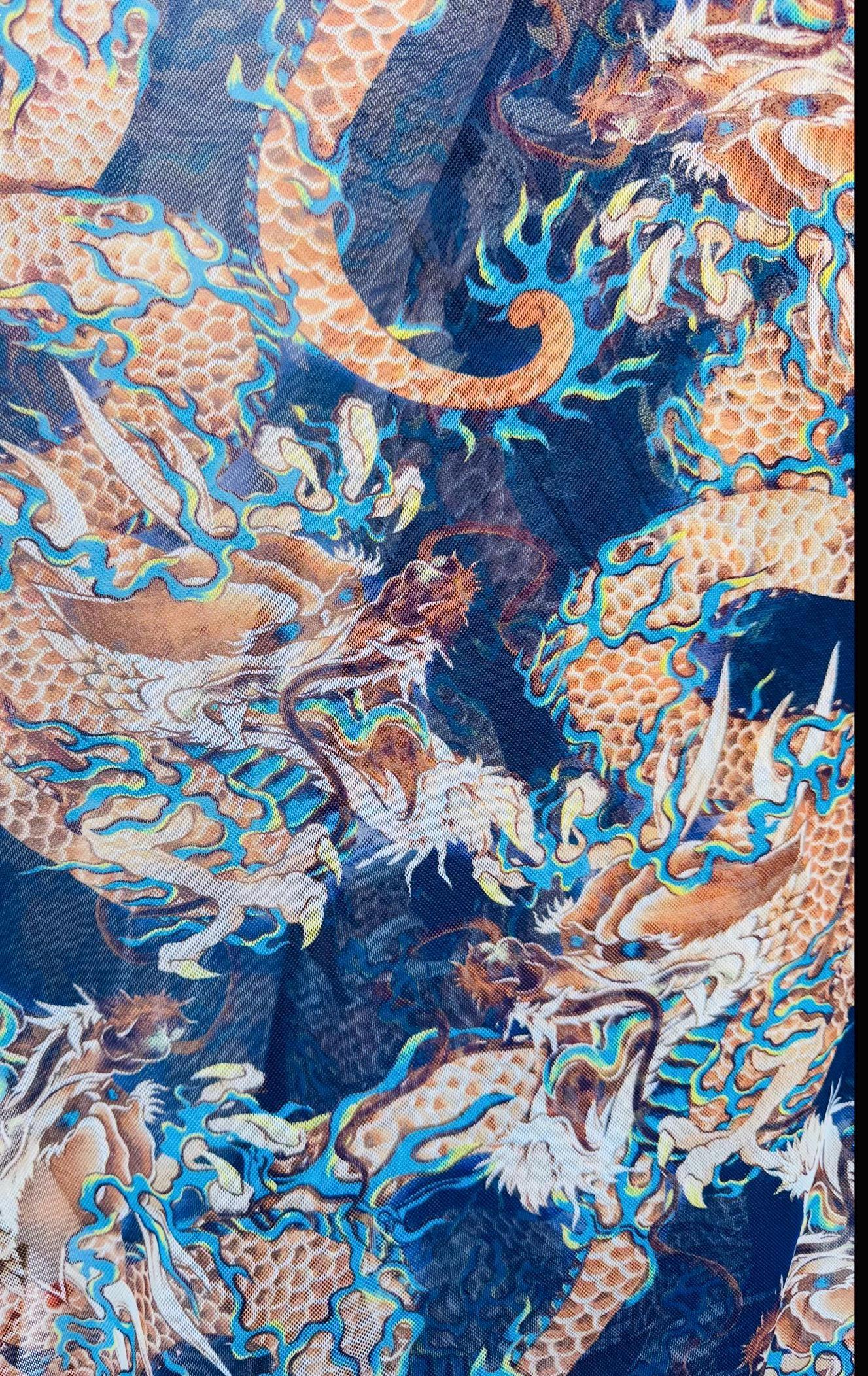 Japanese Dragon Exotic design Multicolor print on power mesh nylon spandex 4-way stretch 58/60” Sold by the YD. Ships worldwide from L.A