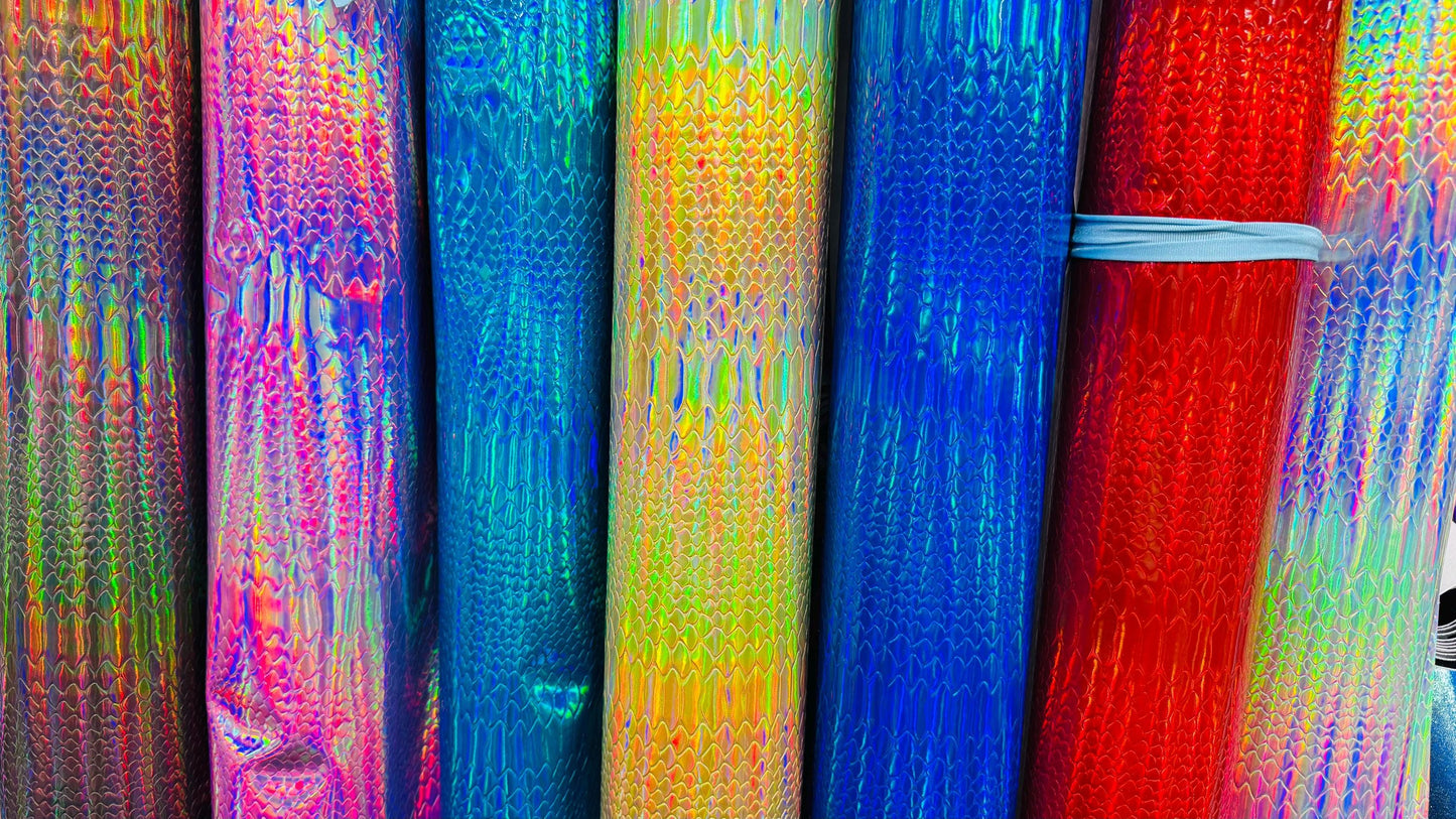 New heavy vinyl Exotic Snake design with iridescent foil all over non stretch 58/60" Sold by the YD. Ships worldwide from Los Angeles CA