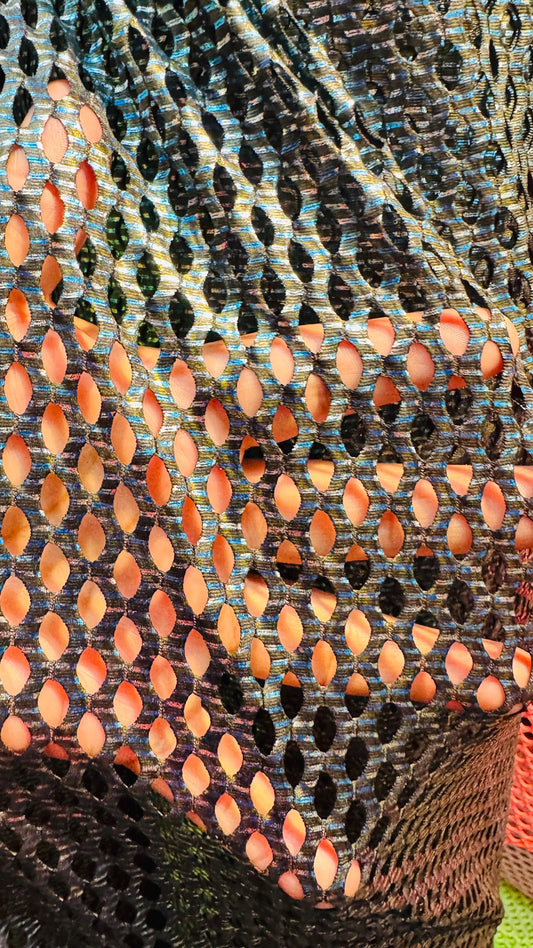 3D Skin snake design print on fishnet metallic diamond mesh 4-way stretch 58/60” Sold by the YD. Ships Worldwide from Los Angeles California