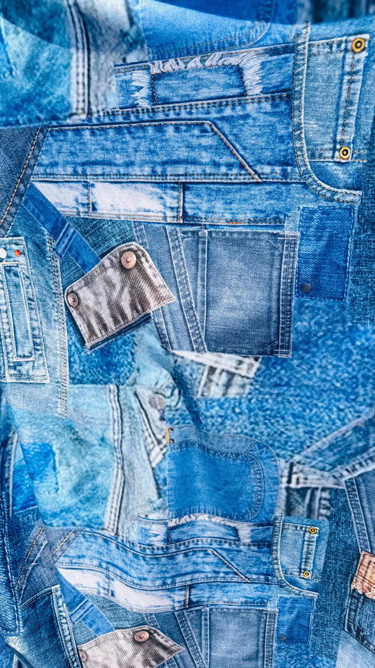New jeans design print on poly spandex 4way stretch 58/60" Sold by the YD. Ships worldwide feom Los Angeles California USA.