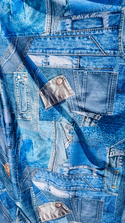 New jeans design print on poly spandex 4way stretch 58/60" Sold by the YD. Ships worldwide feom Los Angeles California USA.