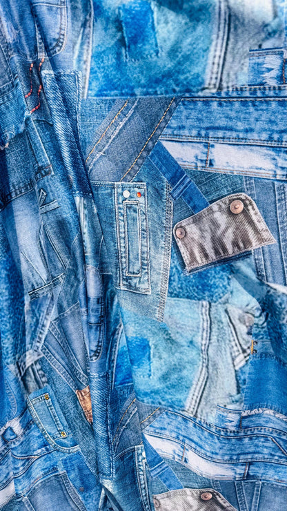 New jeans design print on poly spandex 4way stretch 58/60" Sold by the YD. Ships worldwide feom Los Angeles California USA.