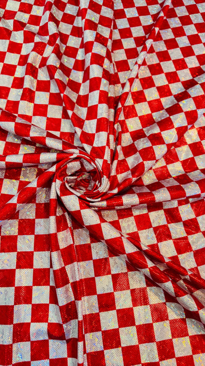 Checkers design 1” size  on shattered glass New metallic hologram nylon spandex 4-way stretch 58/60” Sold by the YD. Ships worldwide