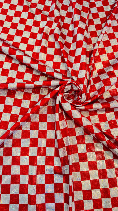 Checkers design 1” size  on shattered glass New metallic hologram nylon spandex 4-way stretch 58/60” Sold by the YD. Ships worldwide
