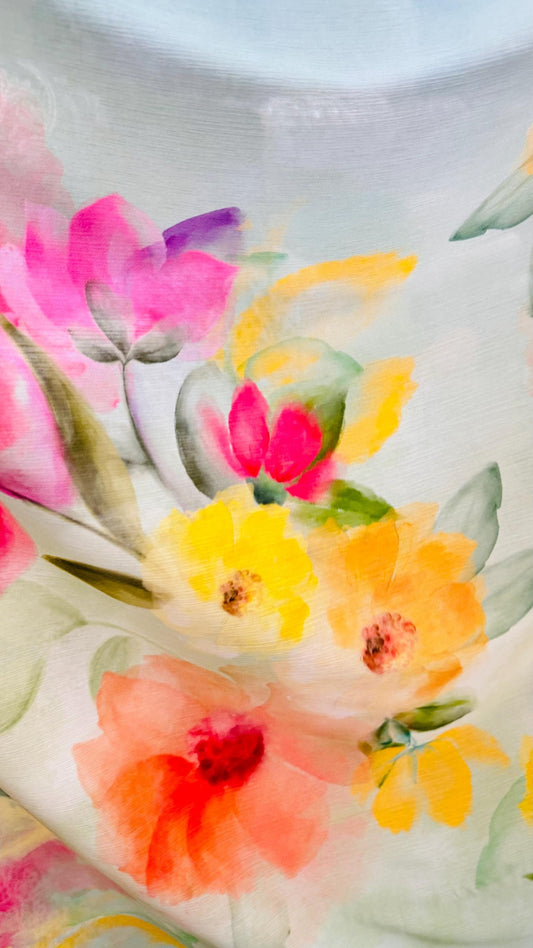 New Romantic Flowers design Multicolor print on great quality of high multi chiffon silk non stretch 58/60” Sold by the YD. Ships worldwide