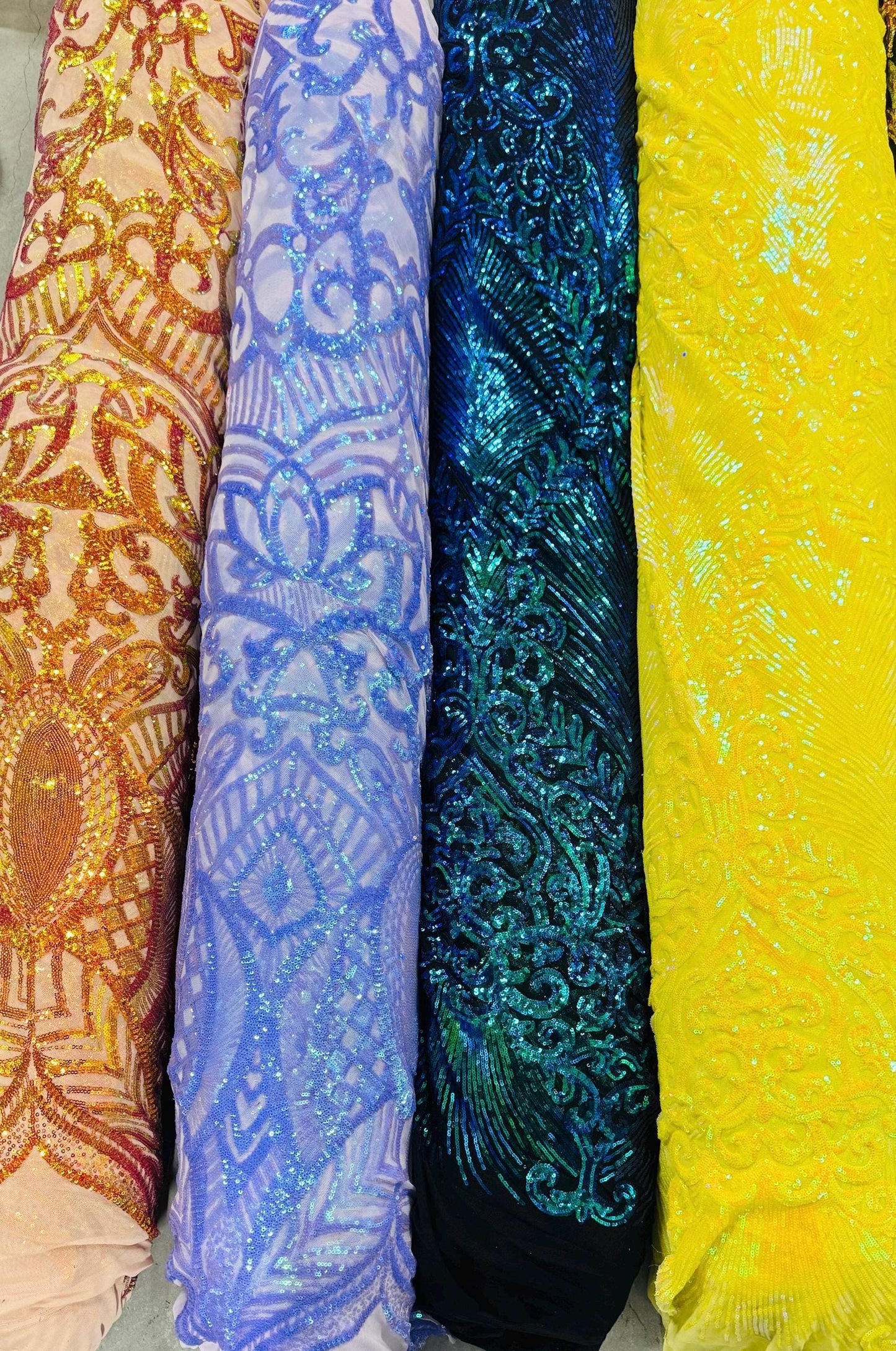 Embroidery glitz sequins Damask design with power mesh base 4-way stretch 54/55" Sold by the YD. Ships worldwide from Los Angeles California