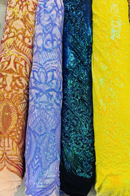 Embroidery glitz sequins Damask design with power mesh base 4-way stretch 54/55" Sold by the YD. Ships worldwide from Los Angeles California