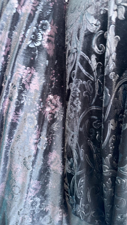 Embossed black velvet abstract and floral design heavy stretch velvet 4way 58/60" Sold by the YD. Ships worldwide from Los Angeles CA