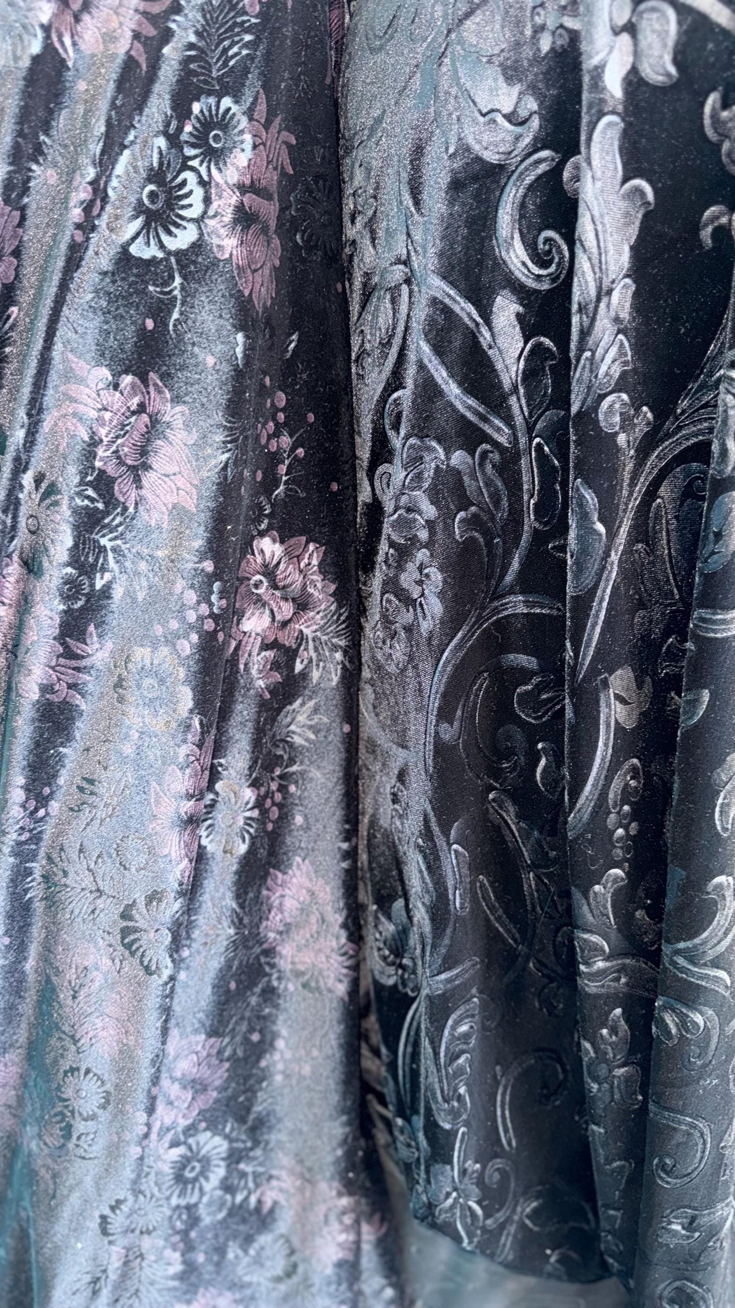 Embossed black velvet abstract and floral design heavy stretch velvet 4way 58/60" Sold by the YD. Ships worldwide from Los Angeles CA