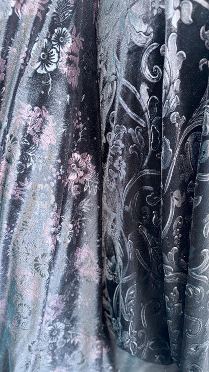 Embossed black velvet abstract and floral design heavy stretch velvet 4way 58/60" Sold by the YD. Ships worldwide from Los Angeles CA