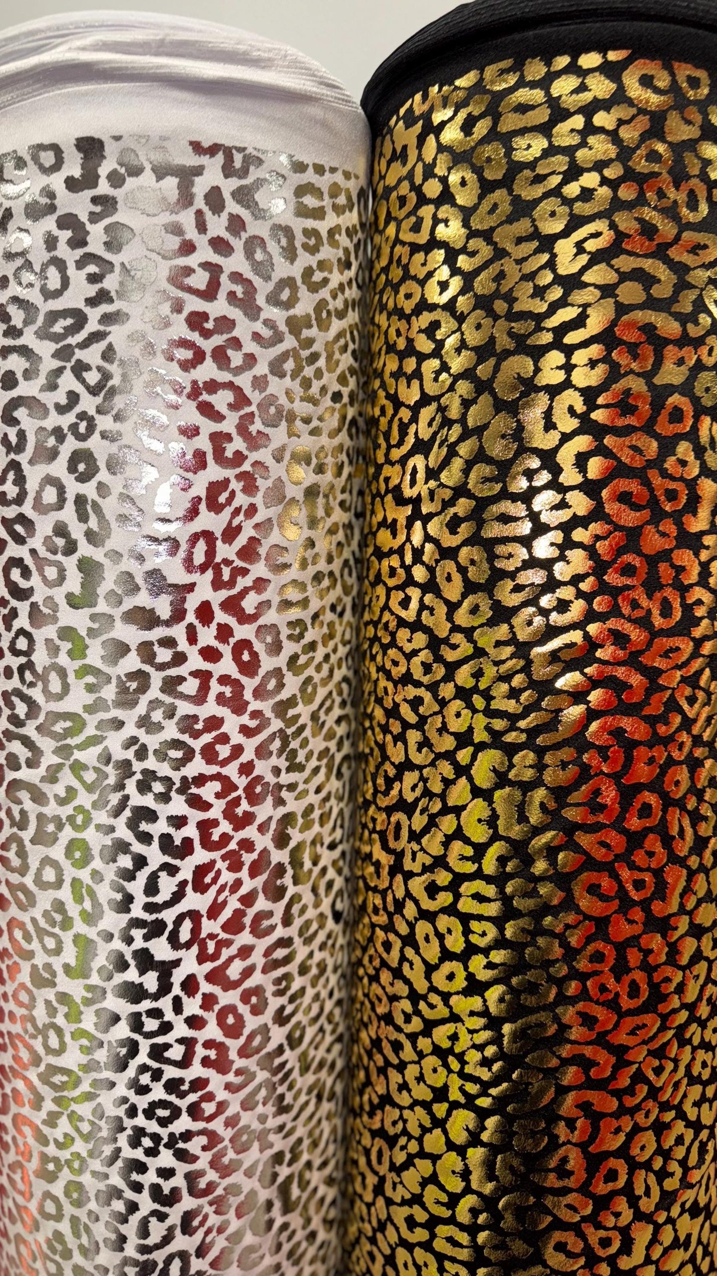 New Exotic Cheetah design high quality of hologram metallic Stretch nylon spandex with foil 4-way stretch 58/60” Sold by the YD.