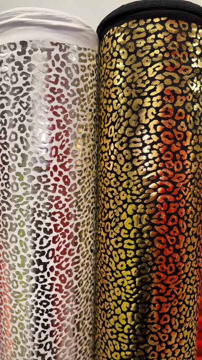 New Exotic Cheetah design high quality of hologram metallic Stretch nylon spandex with foil 4-way stretch 58/60” Sold by the YD.