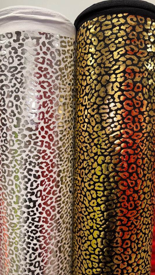 New Exotic Cheetah design high quality of hologram metallic Stretch nylon spandex with foil 4-way stretch 58/60” Sold by the YD.