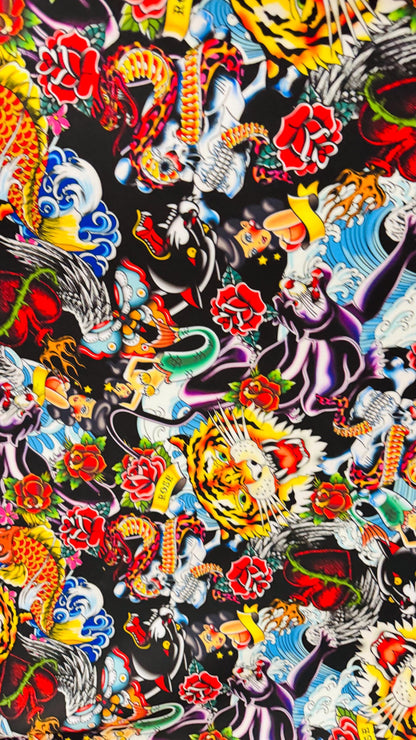 New Exotic Japanese Tattoo design print on neoprene super techno 2-way stretch 58/60” and on Satin. Sold by the YD. Ships Worldwide from LA