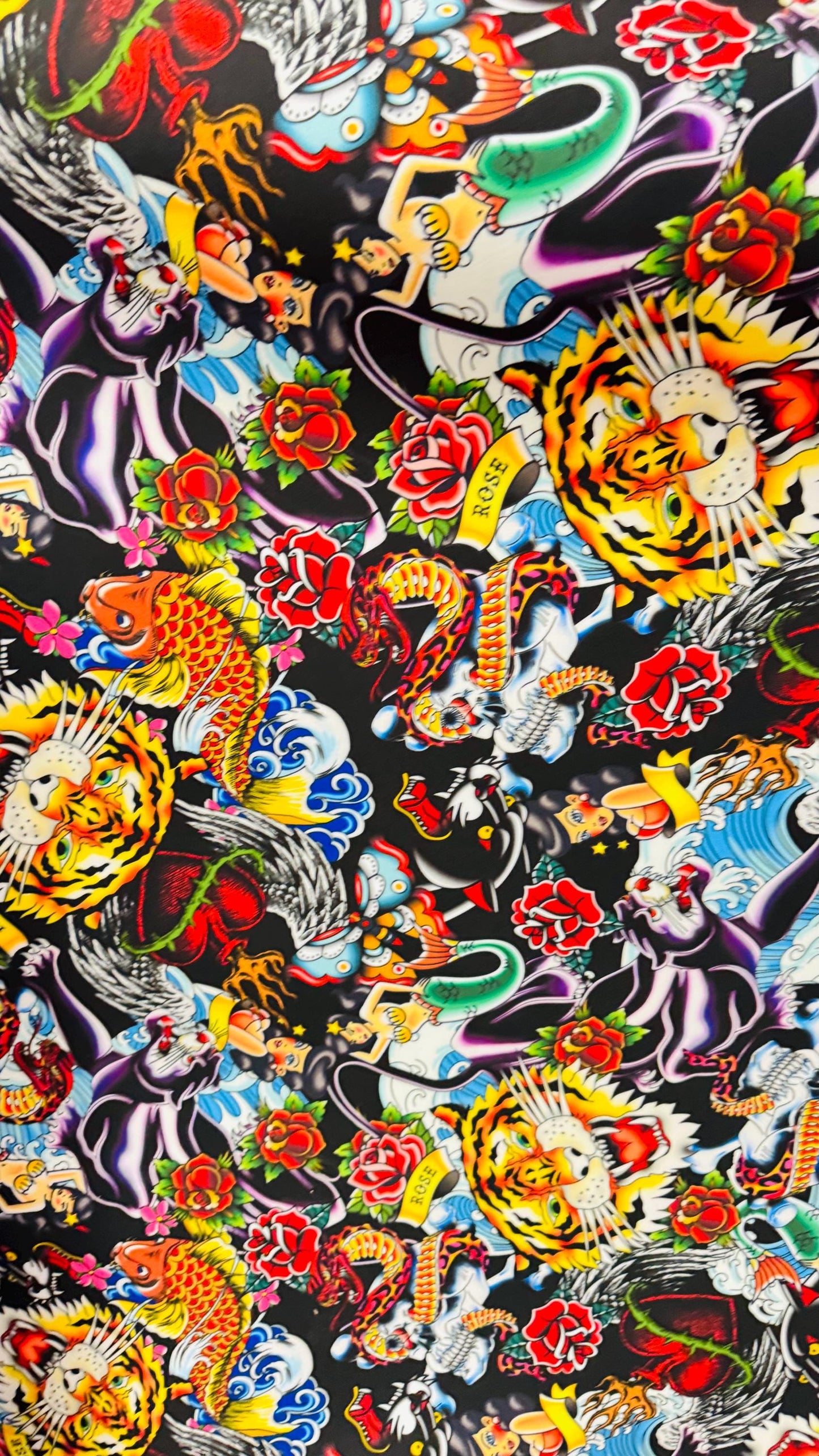New Exotic Japanese Tattoo design print on neoprene super techno 2-way stretch 58/60” and on Satin. Sold by the YD. Ships Worldwide from LA