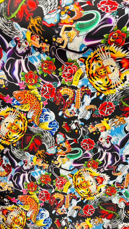 New Exotic Japanese Tattoo design print on neoprene super techno 2-way stretch 58/60” and on Satin. Sold by the YD. Ships Worldwide from LA