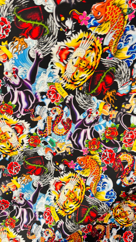 New Exotic Japanese Tattoo design print on neoprene super techno 2-way stretch 58/60” and on Satin. Sold by the YD. Ships Worldwide from LA