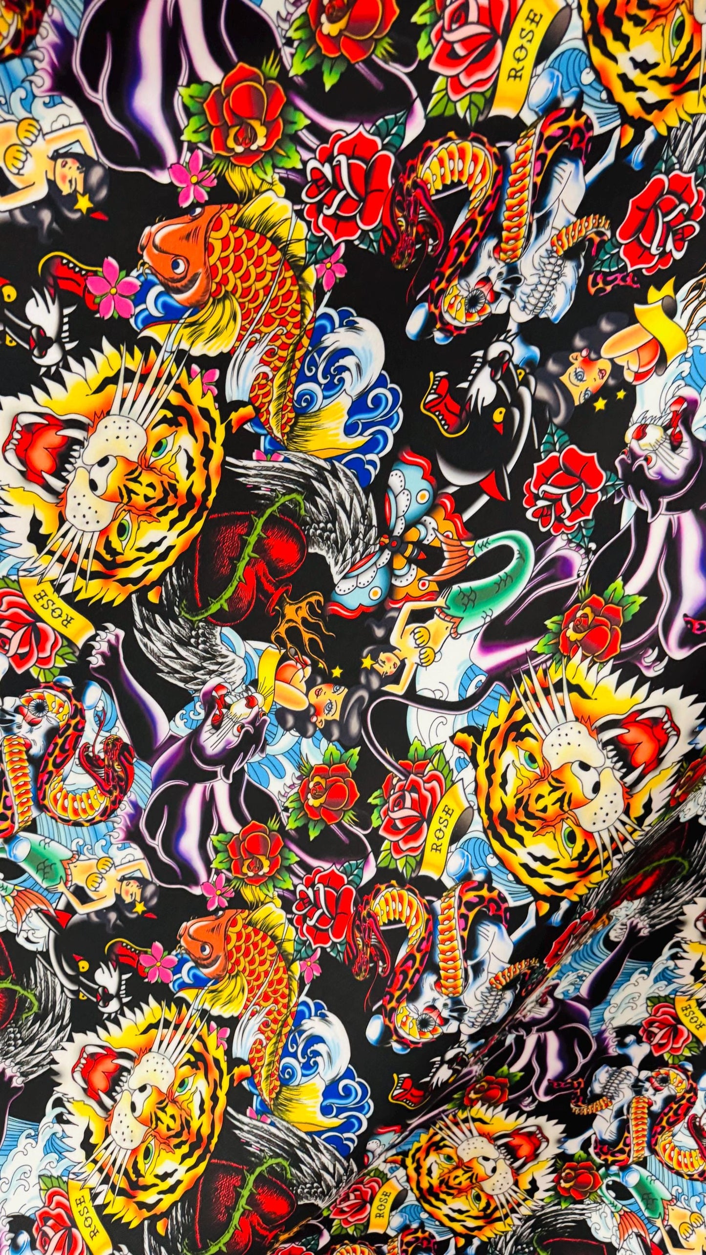 New Exotic Japanese Tattoo design print on neoprene super techno 2-way stretch 58/60” and on Satin. Sold by the YD. Ships Worldwide from LA