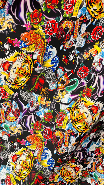 New Exotic Japanese Tattoo design print on neoprene super techno 2-way stretch 58/60” and on Satin. Sold by the YD. Ships Worldwide from LA