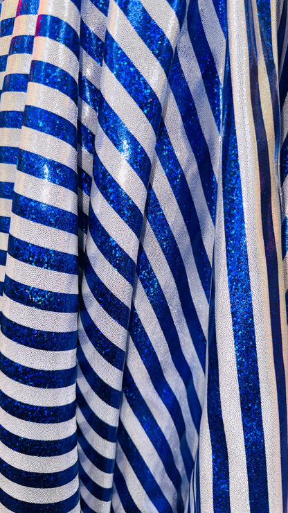 Stripe design nylon spandex 4way Hologram metallic foil Blue/Silver  58/60" sold by the Yd. Ships worldwide from Los Angeles California USA.