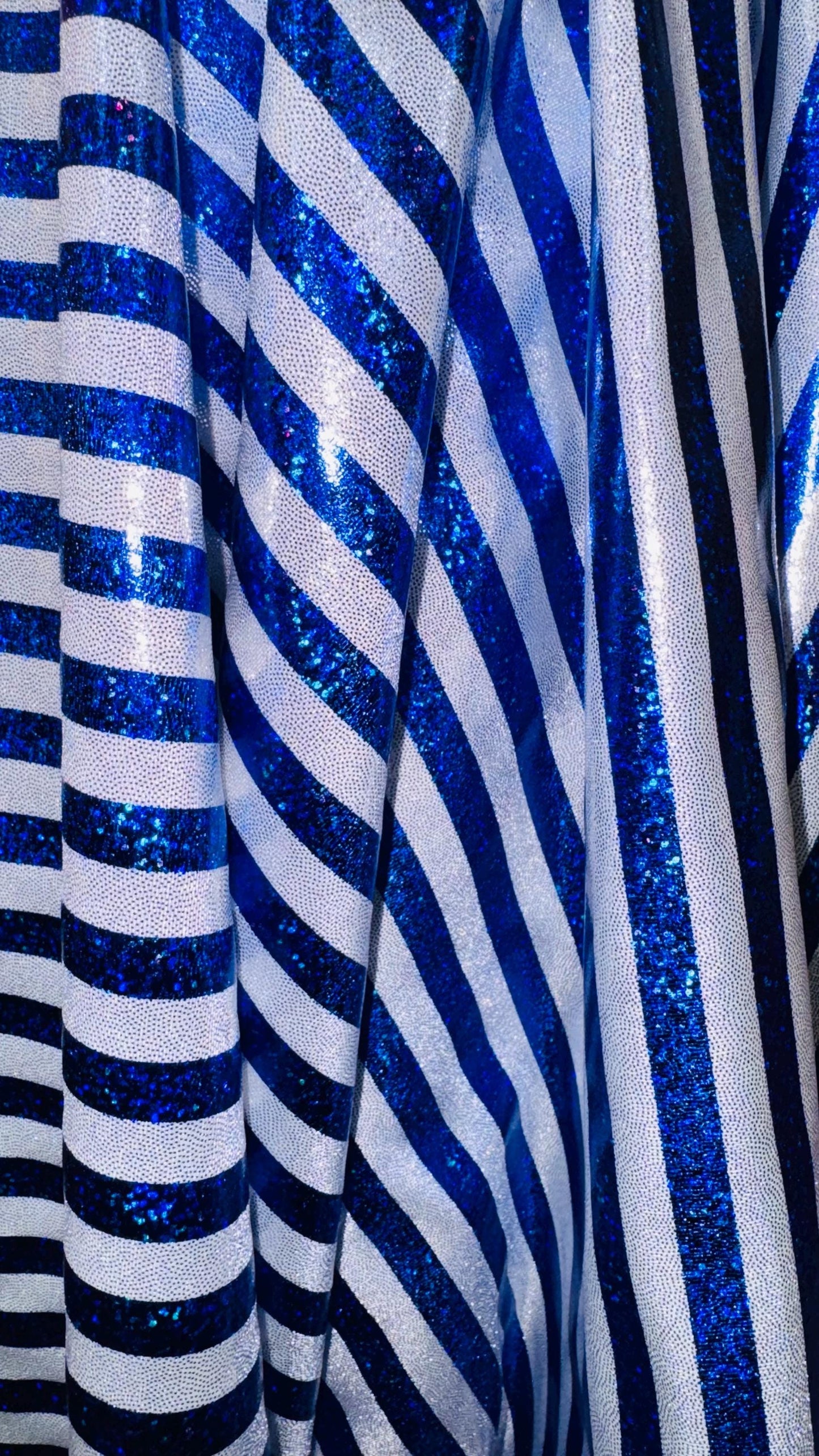Stripe design nylon spandex 4way Hologram metallic foil Blue/Silver  58/60" sold by the Yd. Ships worldwide from Los Angeles California USA.