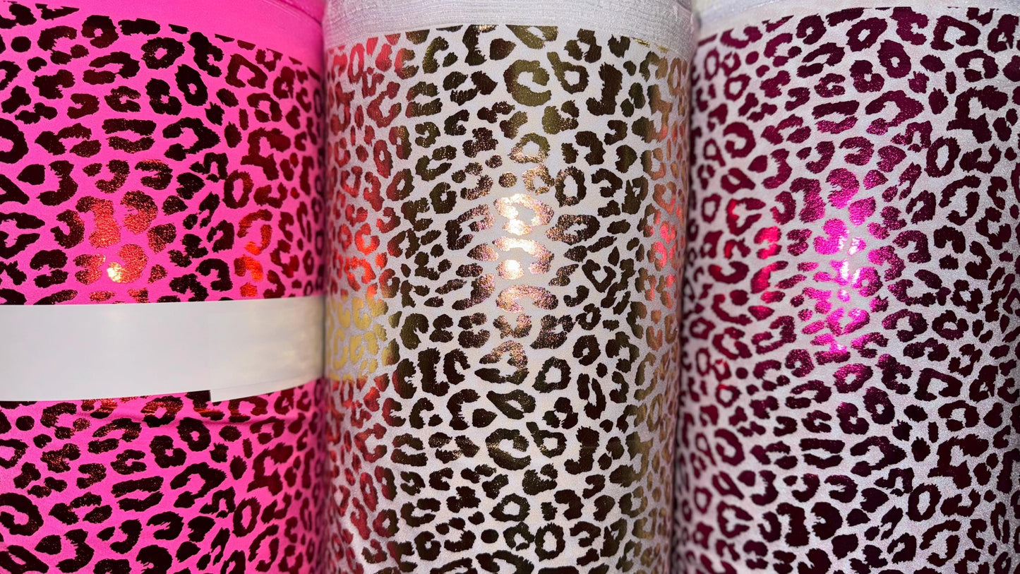 New Exotic Cheetah design high quality of hologram metallic Stretch nylon spandex with foil 4-way stretch 58/60” Sold by the YD.