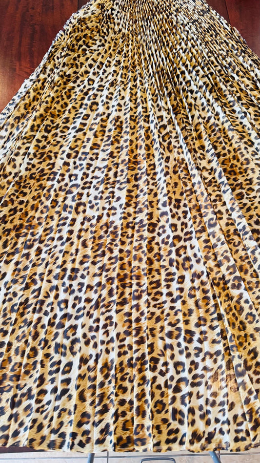 Sunburst pleated Silky Chiffon Cheetah Design non stretch 190” length by 60” width Sold by the PC. Ships worldwide from Los Angeles CA