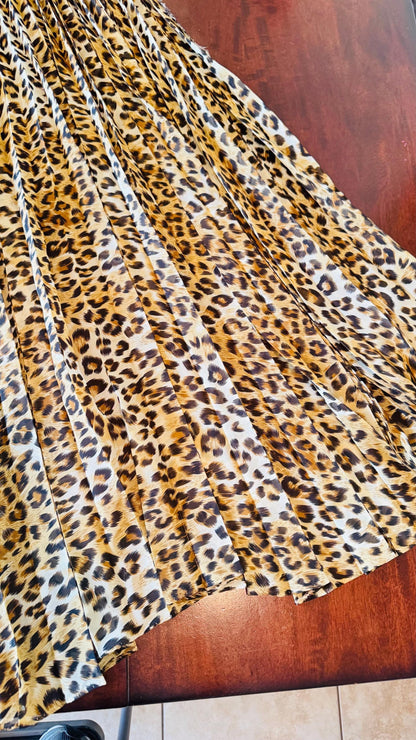Sunburst pleated Silky Chiffon Cheetah Design non stretch 190” length by 60” width Sold by the PC. Ships worldwide from Los Angeles CA