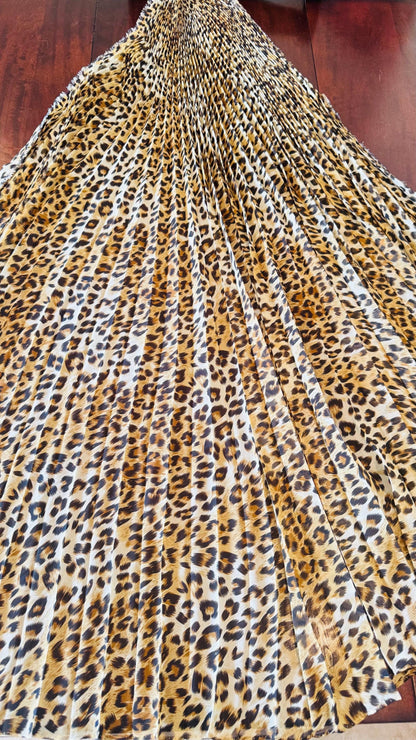 Sunburst pleated Silky Chiffon Cheetah Design non stretch 190” length by 60” width Sold by the PC. Ships worldwide from Los Angeles CA