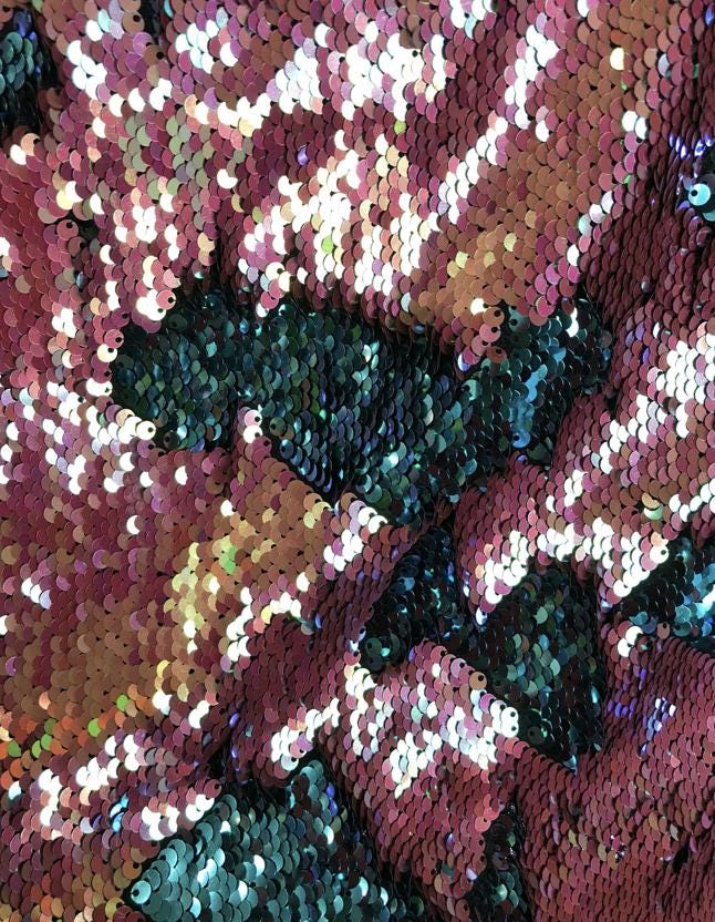 New dusty rose/turquoise flip up sequins on nylon base 2way Stretch 58/60" Sold by the YD. Ships worldwide from Los Ángeles California USA.