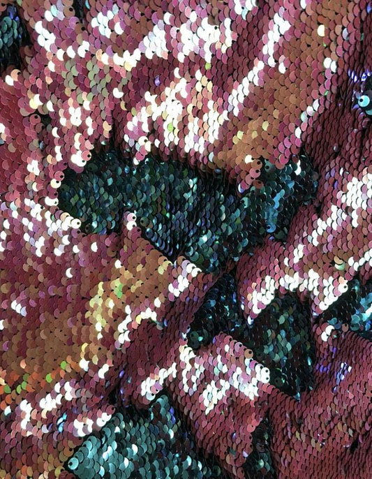 New dusty rose/turquoise flip up sequins on nylon base 2way Stretch 58/60" Sold by the YD. Ships worldwide from Los Ángeles California USA.