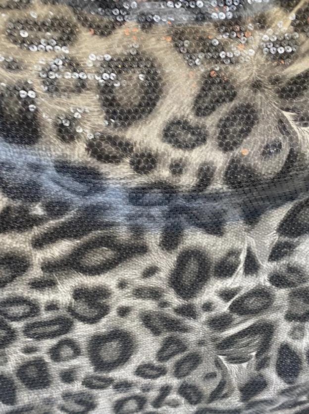New Exotic leopard design with clear sequins all over nylon base 2-way stretch 58/60” Sold by the YD. Ships worldwide from Los Angeles cali