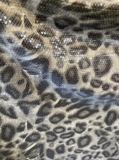 New Exotic leopard design with clear sequins all over nylon base 2-way stretch 58/60” Sold by the YD. Ships worldwide from Los Angeles cali