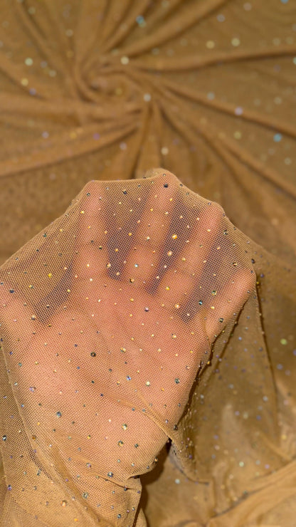 Luxury Dew Drops/Rhinestone on stretch Dk Nude  power mesh nylon spandex 4-way stretch 58/60” Sold by the YD.