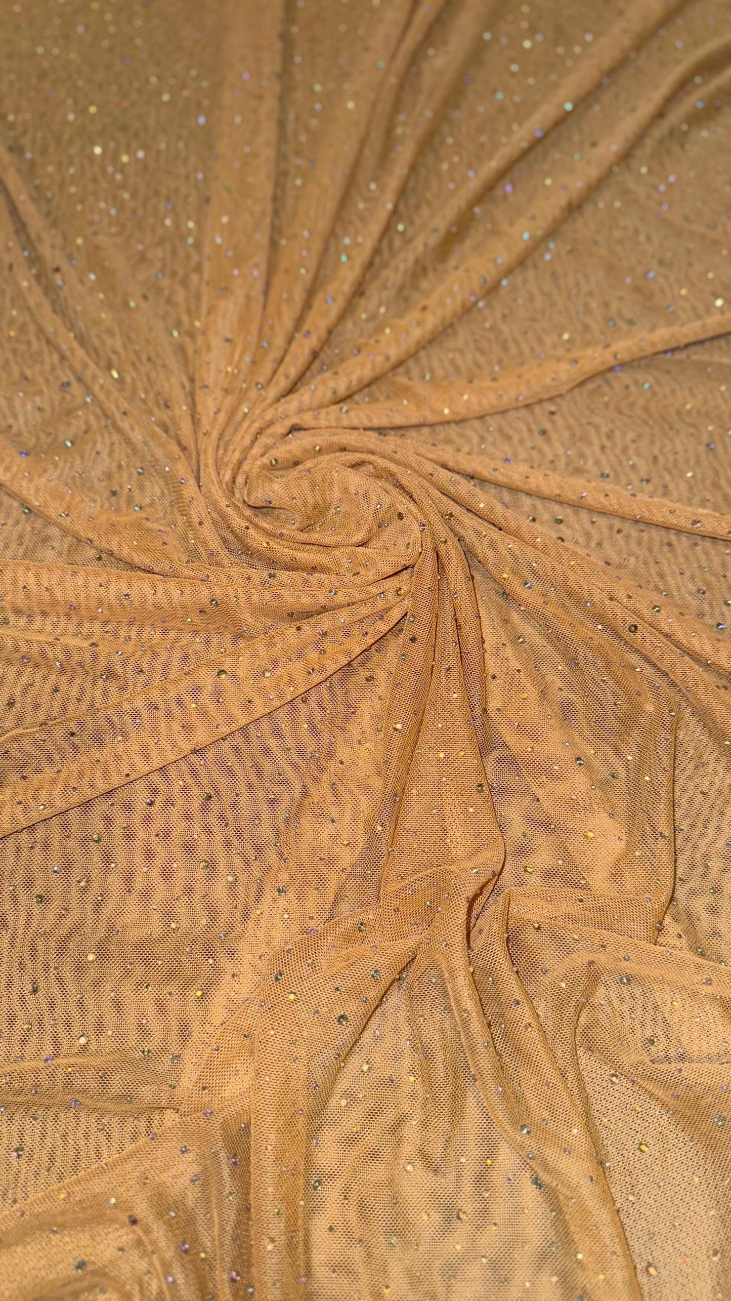 Luxury Dew Drops/Rhinestone on stretch Dk Nude  power mesh nylon spandex 4-way stretch 58/60” Sold by the YD.