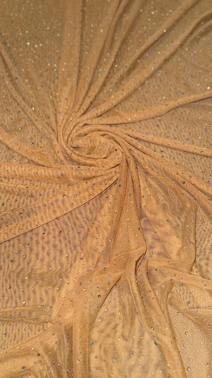 Luxury Dew Drops/Rhinestone on stretch Dk Nude  power mesh nylon spandex 4-way stretch 58/60” Sold by the YD.