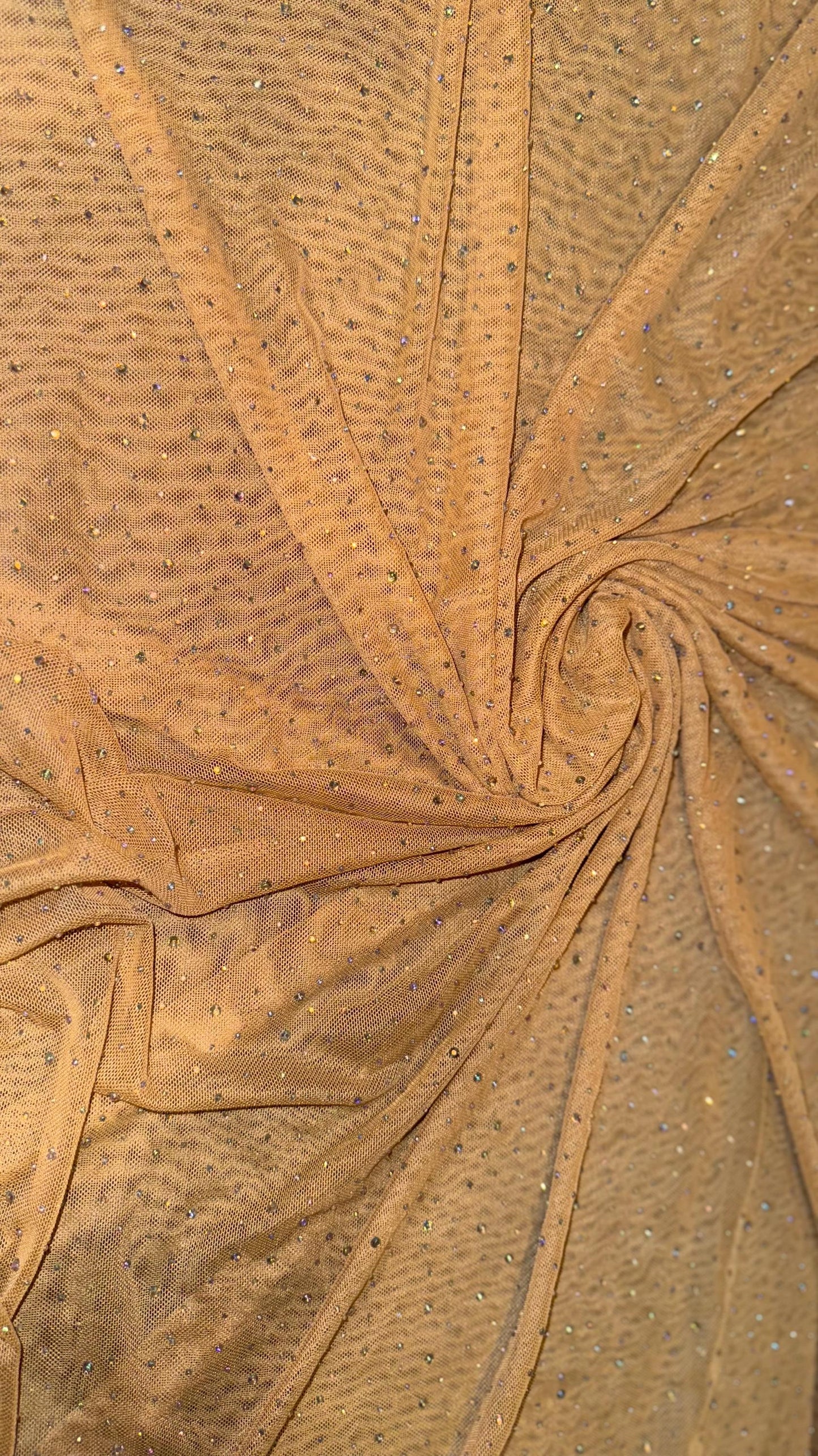 Luxury Dew Drops/Rhinestone on stretch Dk Nude  power mesh nylon spandex 4-way stretch 58/60” Sold by the YD.