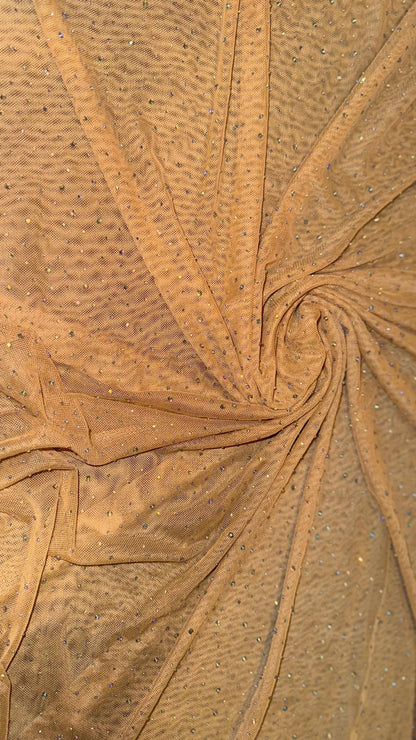 Luxury Dew Drops/Rhinestone on stretch Dk Nude  power mesh nylon spandex 4-way stretch 58/60” Sold by the YD.