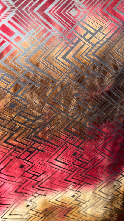 New burnout Ombre  Geometric design Bronze/Red color 4-way stretch 58/60” Sold by the YD. Ships worldwide from Los Angeles California USA.