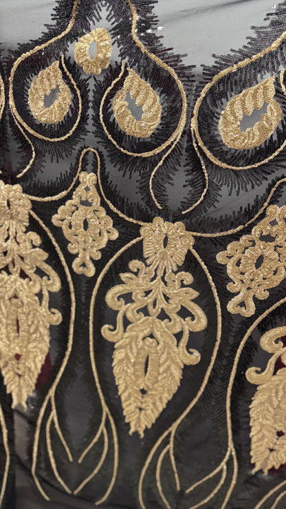 Royalty design Luxury embroidery sequins on stretch mesh 2-way stretch 54/55” Sold by the YD. Ships Worldwide from Los Angeles California US