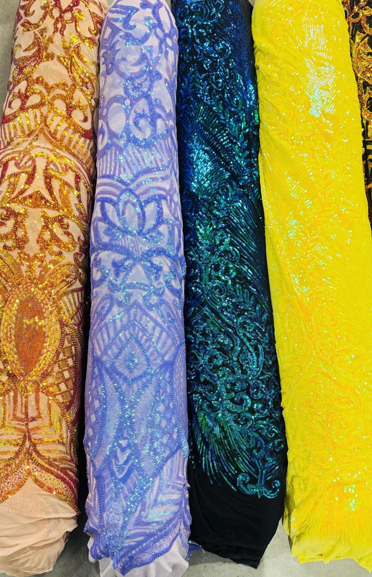 Embroidery glitz sequins Damask design with power mesh base 4-way stretch 54/55" Sold by the YD. Ships worldwide from Los Angeles California