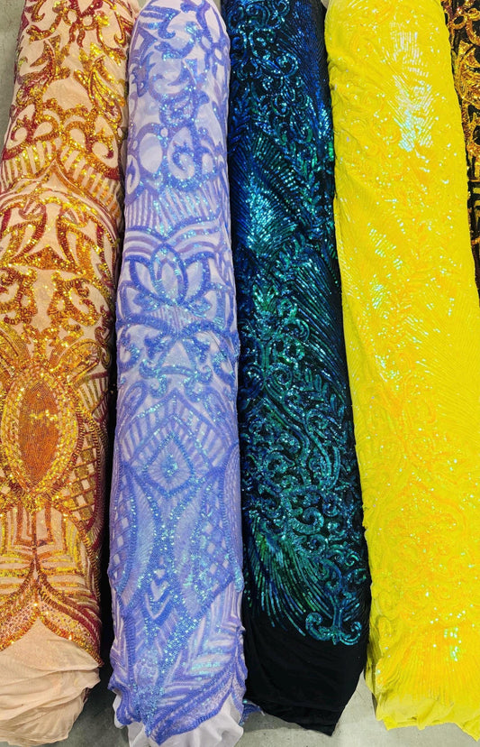 Embroidery glitz sequins Damask design with power mesh base 4-way stretch 54/55" Sold by the YD. Ships worldwide from Los Angeles California
