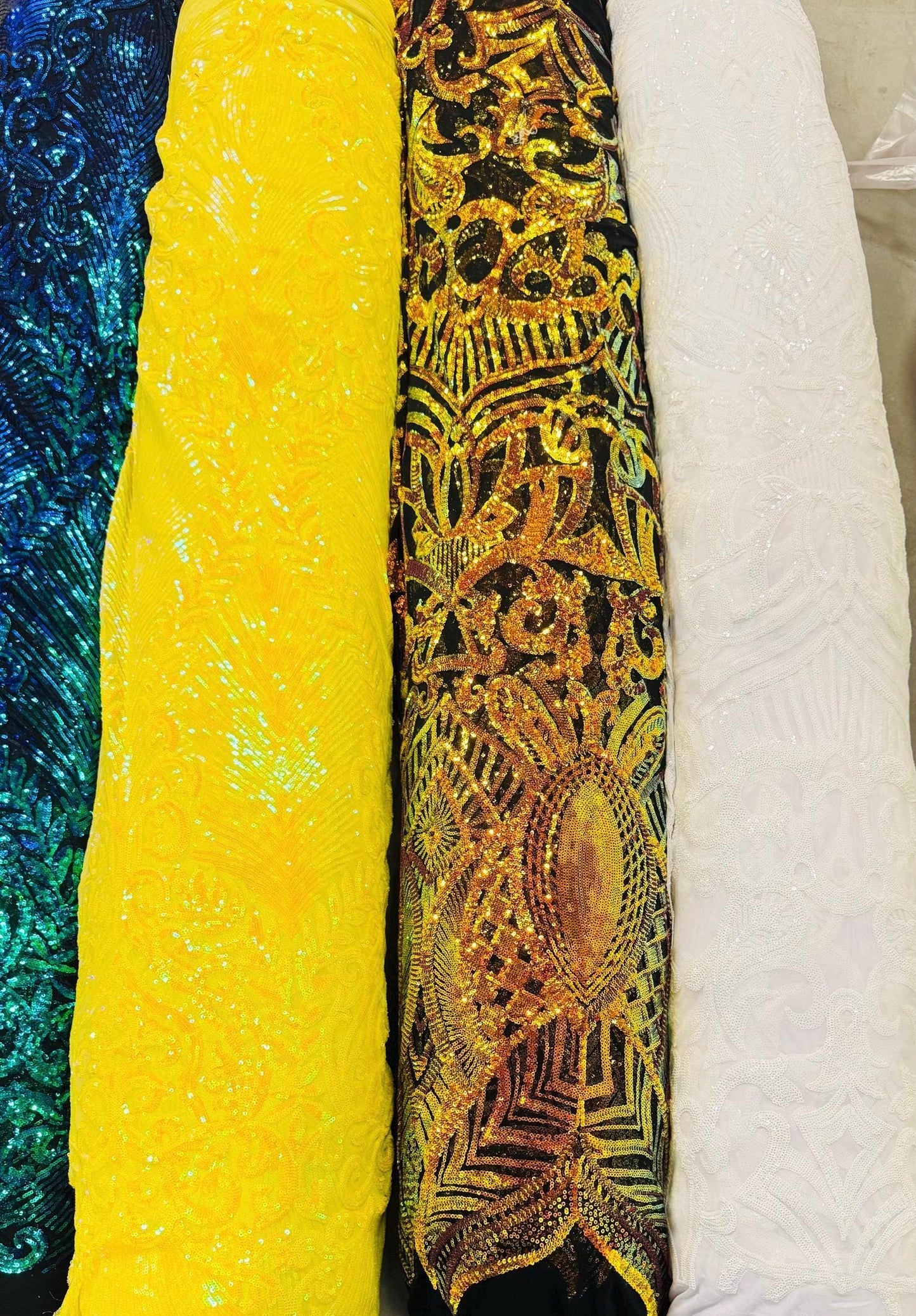 Embroidery glitz sequins Damask design with power mesh base 4-way stretch 54/55" Sold by the YD. Ships worldwide from Los Angeles California