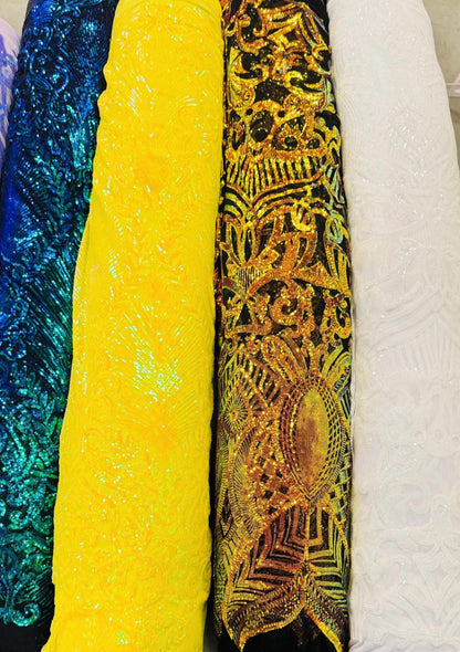 Embroidery glitz sequins Damask design with power mesh base 4-way stretch 54/55" Sold by the YD. Ships worldwide from Los Angeles California