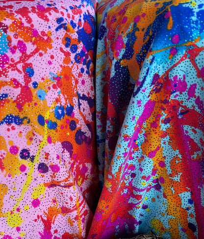 New Graffiti paint design print on nylon spandex with foggy foil 4way stretch 58/60" sold by the YD. Ships worldwide from Los Angeles CA