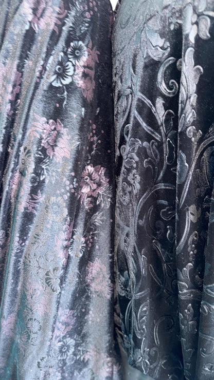 Embossed black velvet abstract and floral design heavy stretch velvet 4way 58/60" Sold by the YD. Ships worldwide from Los Angeles CA