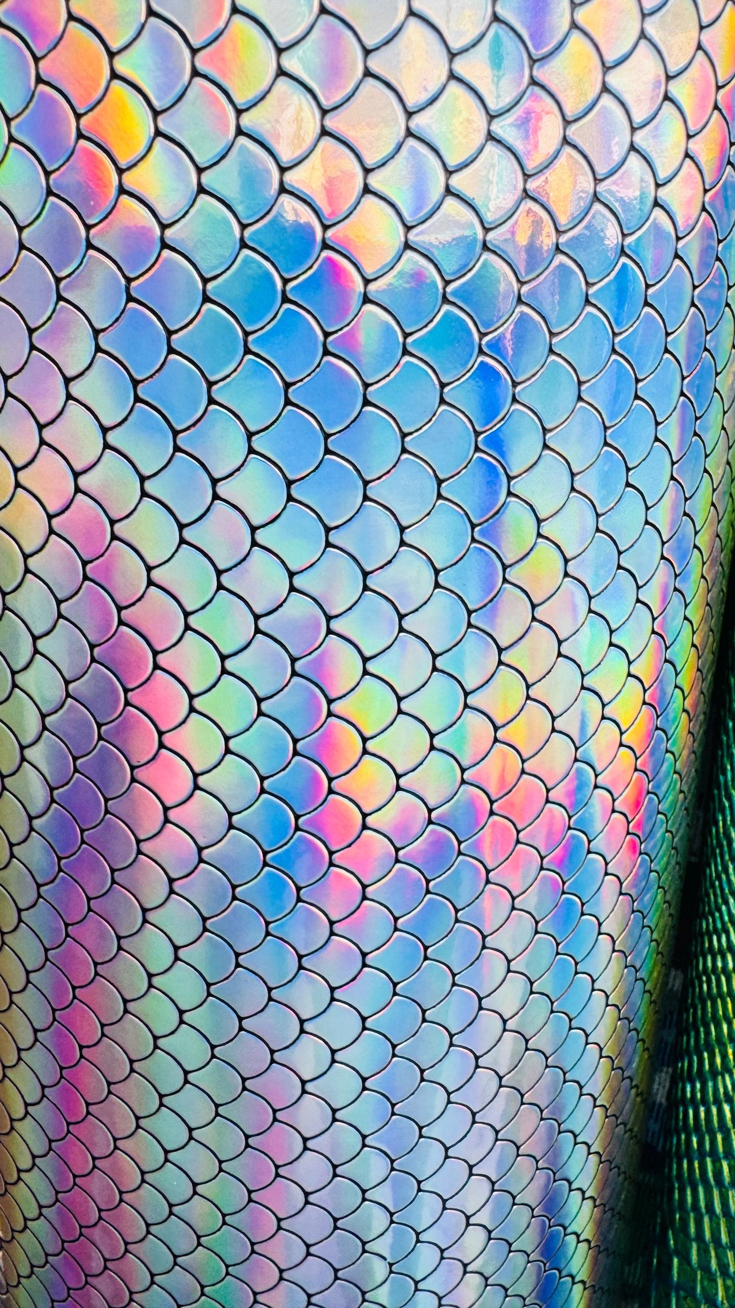 New Exotic Mermaid design super Iridescent vinyl with fish scales 55/56” Sold by the YD. Ships Worldwide from Los Angeles California USA.
