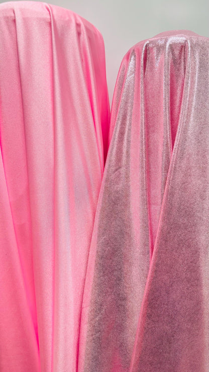 New foggy foil metallic spandex pink/pink color and Bubblegum pink shiny tricot nylon spandex 4way Stretch 58/60" Sold by the YD.