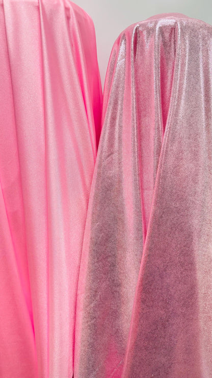 New foggy foil metallic spandex pink/pink color and Bubblegum pink shiny tricot nylon spandex 4way Stretch 58/60" Sold by the YD.